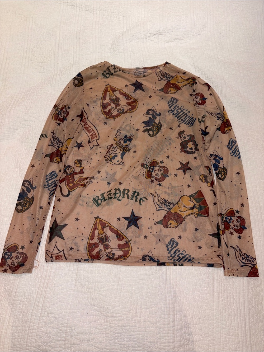 Graphic Long Sleeve Mesh Tee - Beige Multi